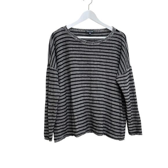 Eileen Fisher Size M Black Striped Wool-Linen Knit Relaxed Fit Lagenlook Sweater - Picture 1 of 7
